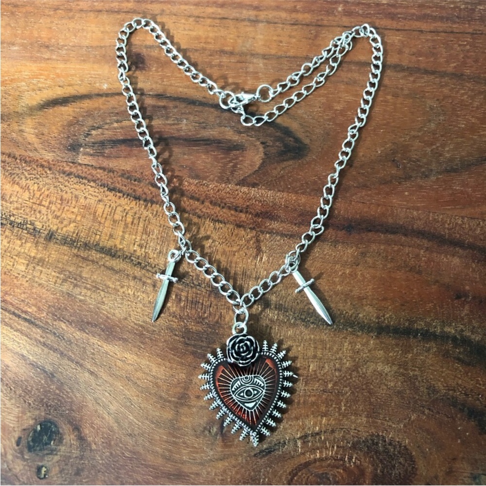 gothic silver-toned choker necklace red heart pendant Devil eye dagger charms. - Picture 3 of 9